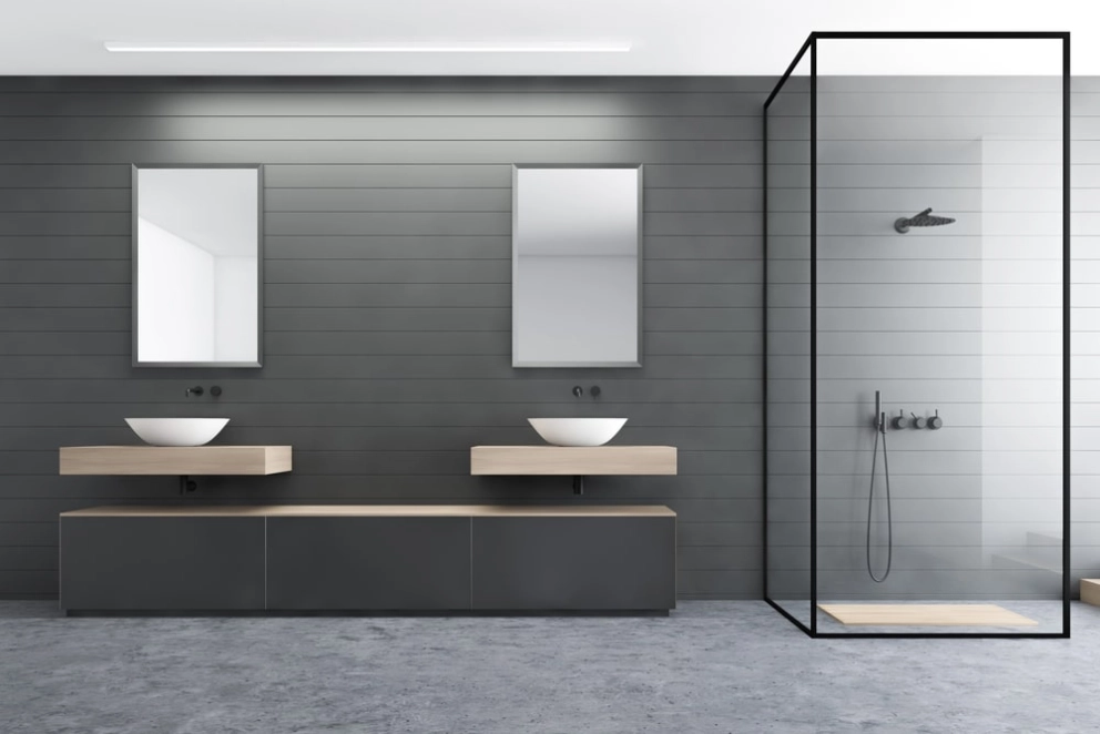 floorstanding dark grey cabinets in bathroom