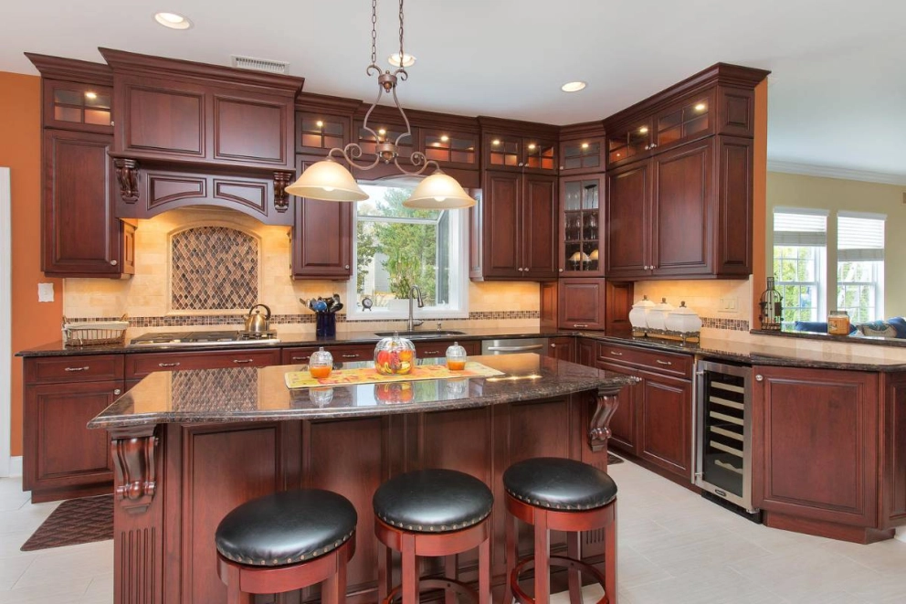 Cherry kitchen cabinets with glass corner cabinet 