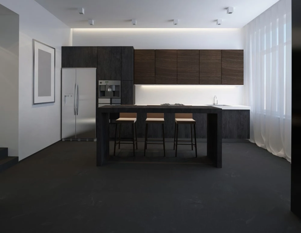 open concept kitchen withone wall of cabinets and fridge recessed