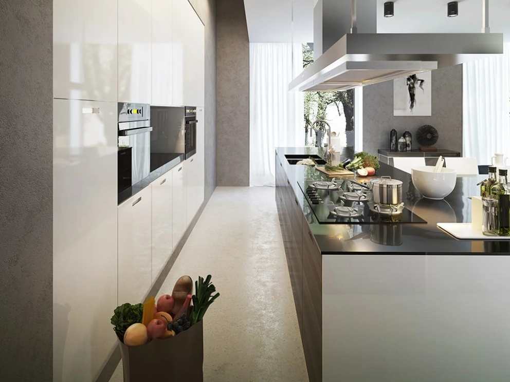 Island range hood in the kitchen