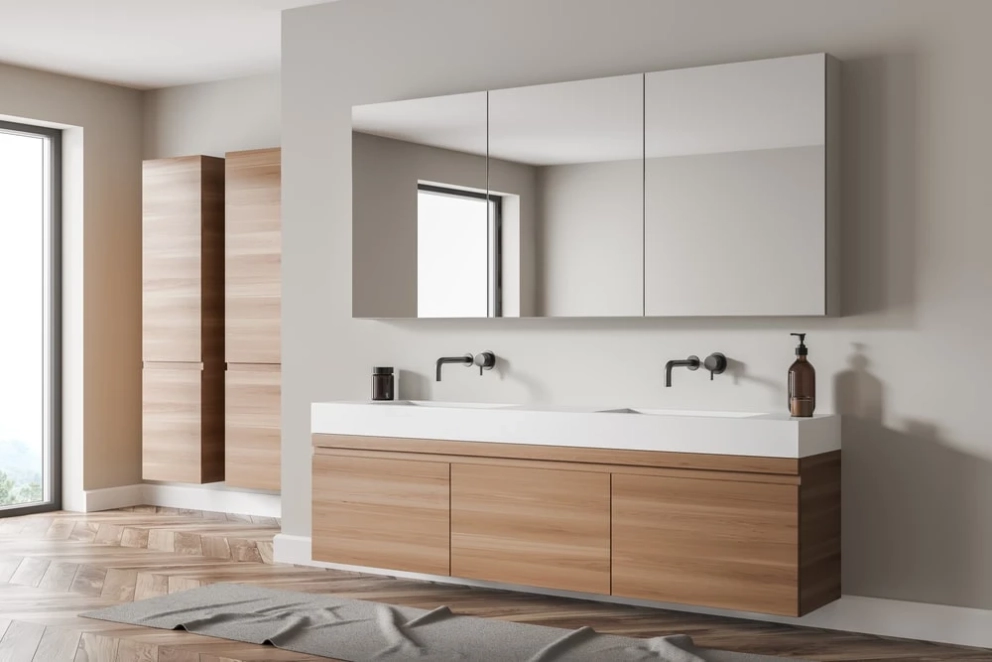 Perfect-matched bathroom interior with cabinets and mirror
