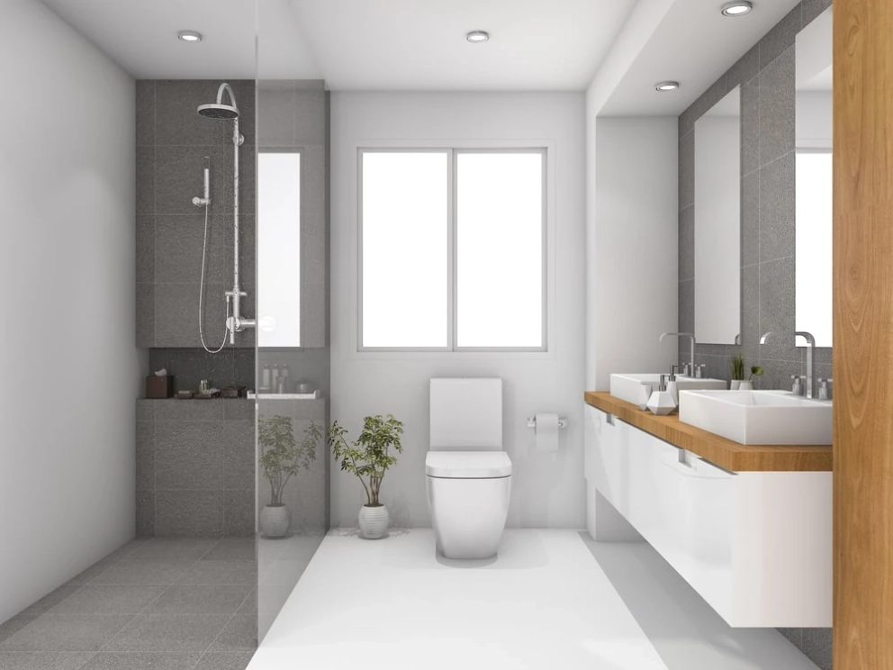 modern bathroom with solid wood vanity covered glossy finish