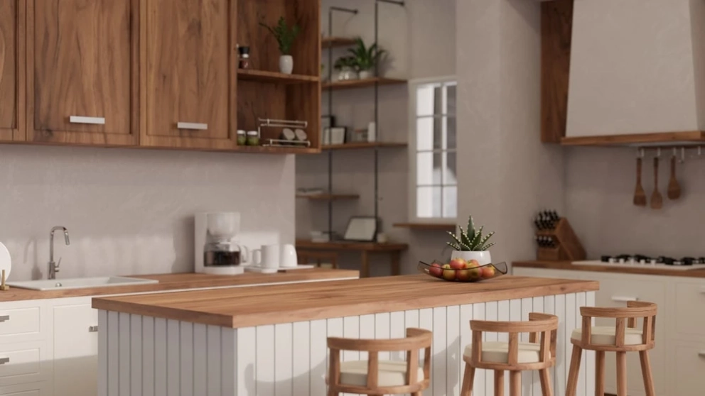 tiny kitchen with an island and minimum gap to cabinets