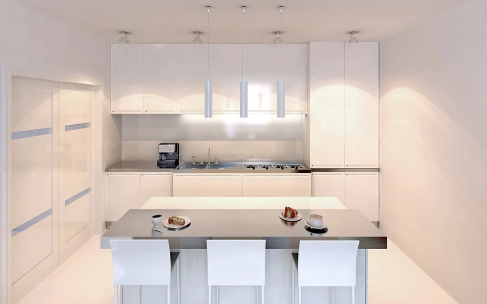 white kitchen design with fridge that looks like cabinets