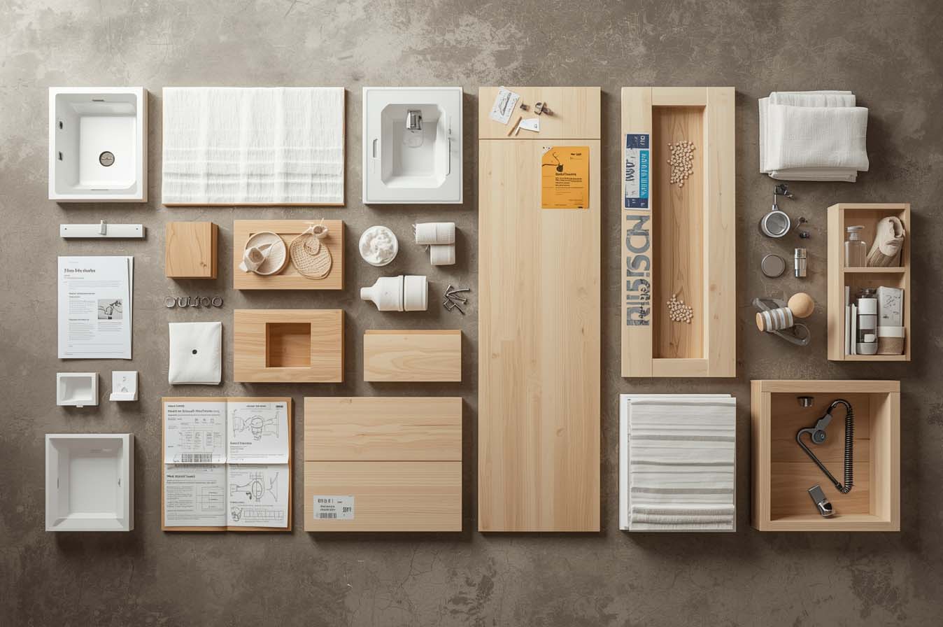 Flat-packed bathroom vanity parts arranged on a floor