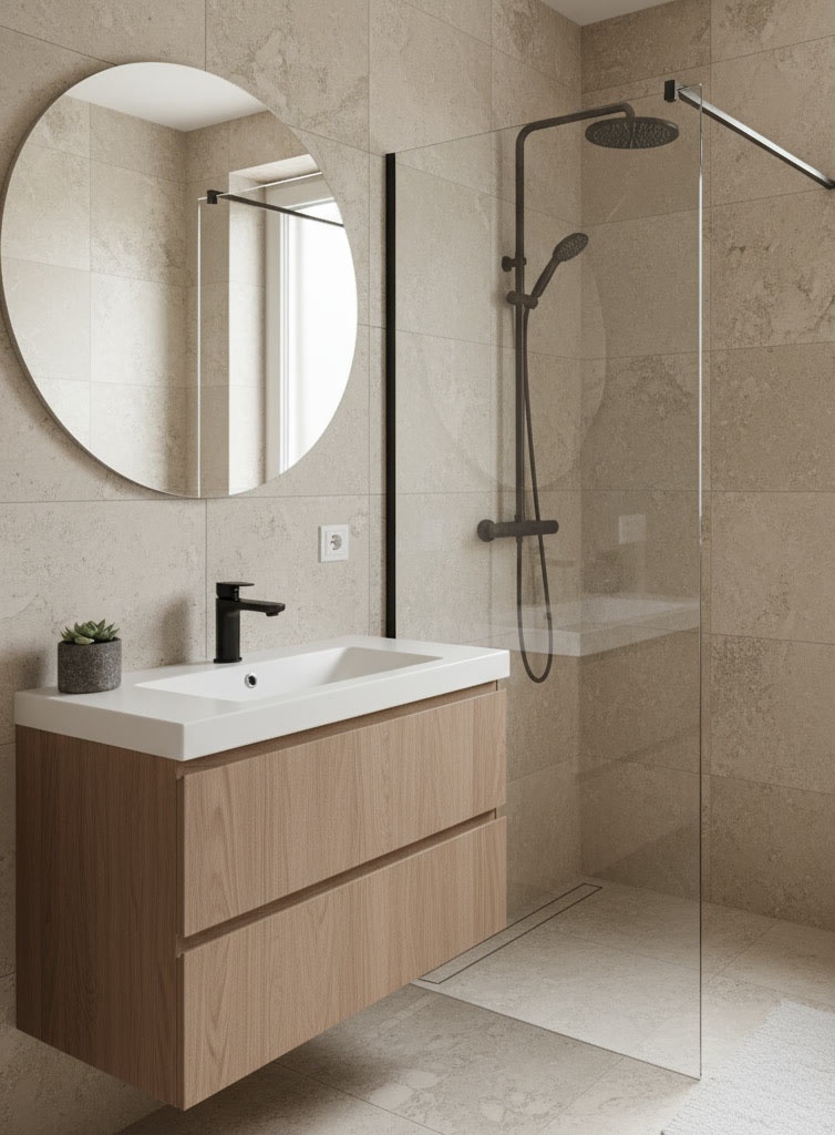 RTA bathroom vanity with sink installed in a modern bathroom