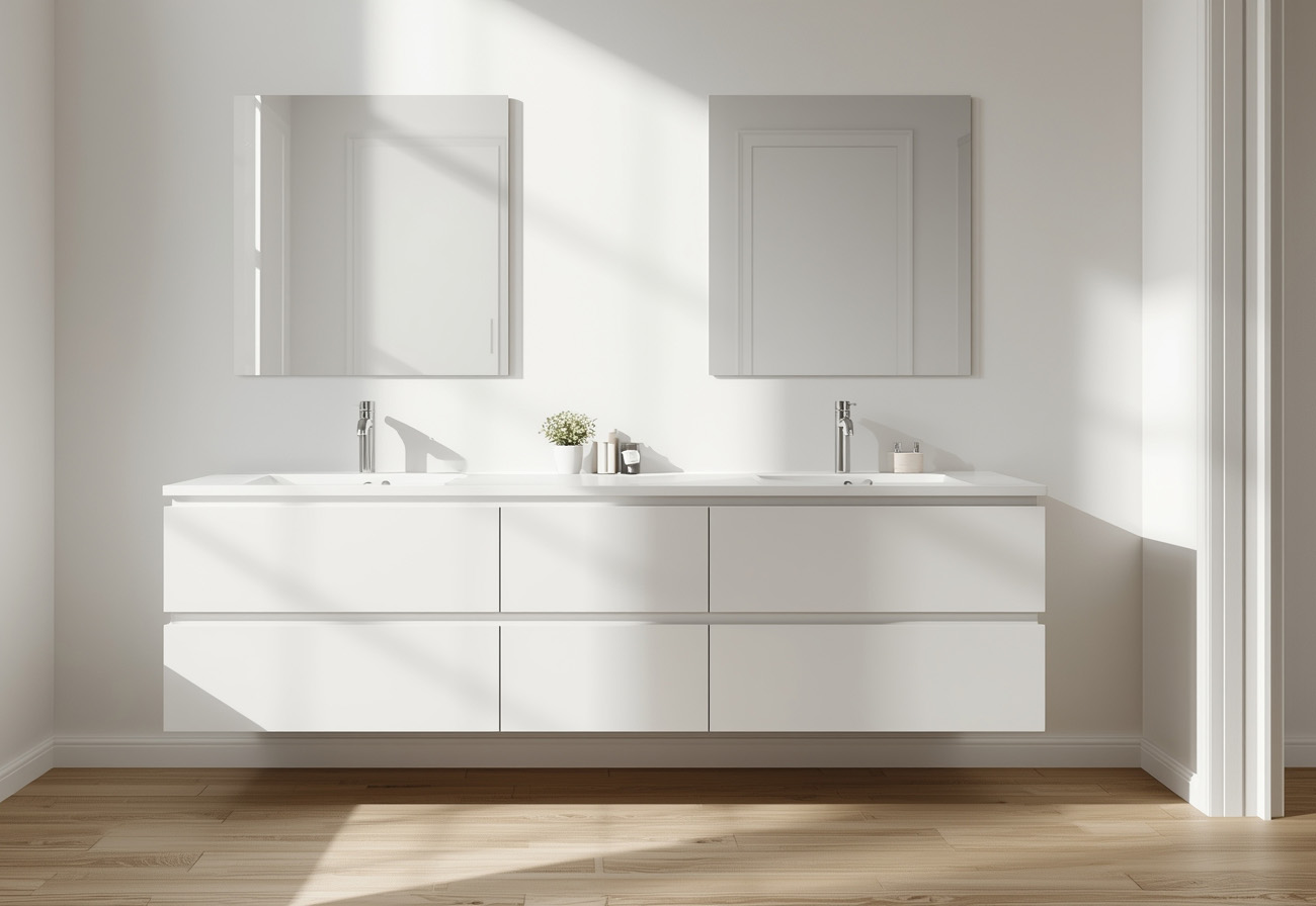 Frameless RTA vanity cabinet and  mirrors in minimal bathroom