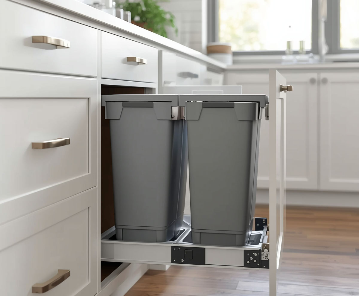 A modern pull-out trash can drawer built into cabinetry
