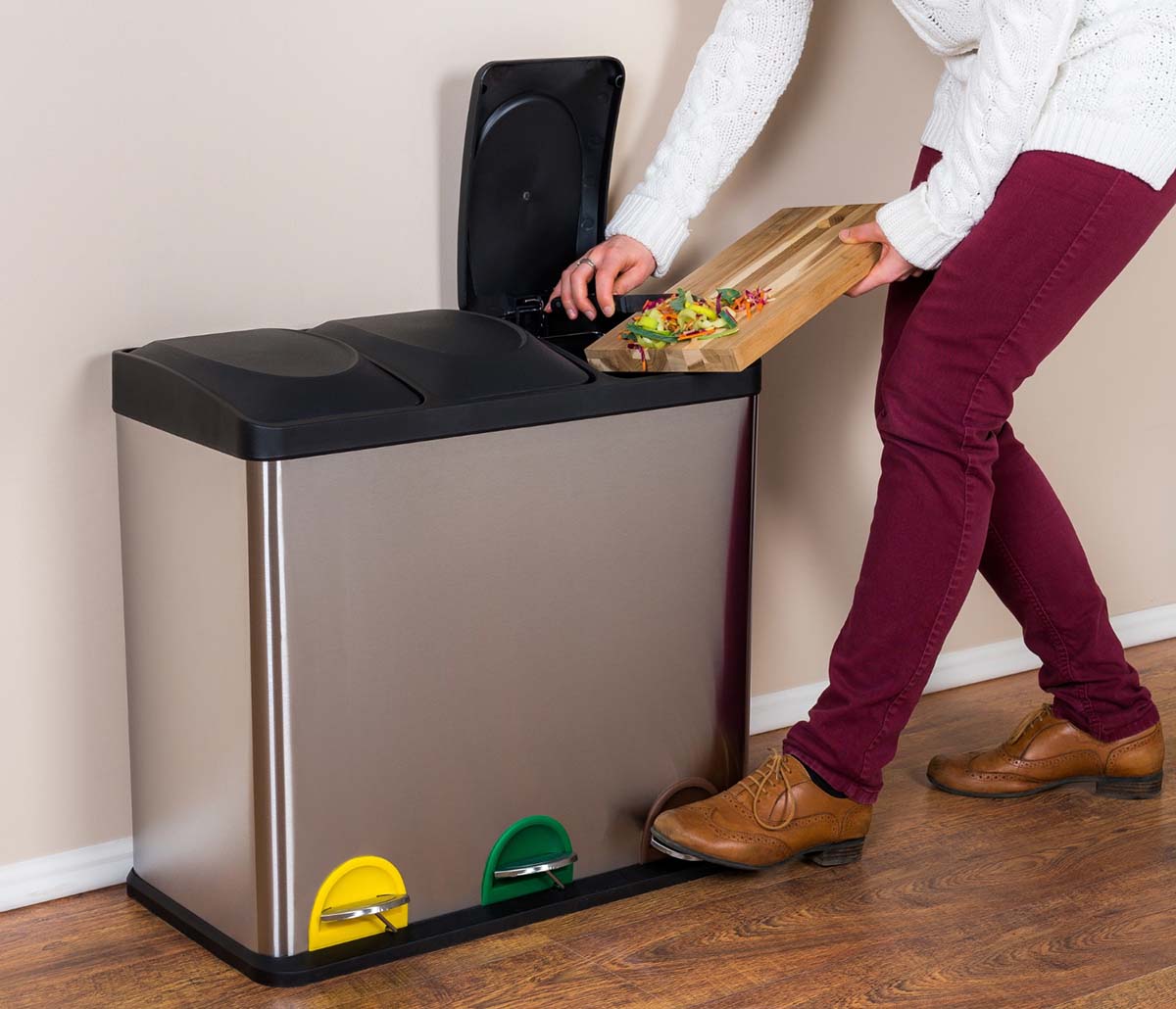 Three-bin kitchen trash can system for waste, recycling and compost
