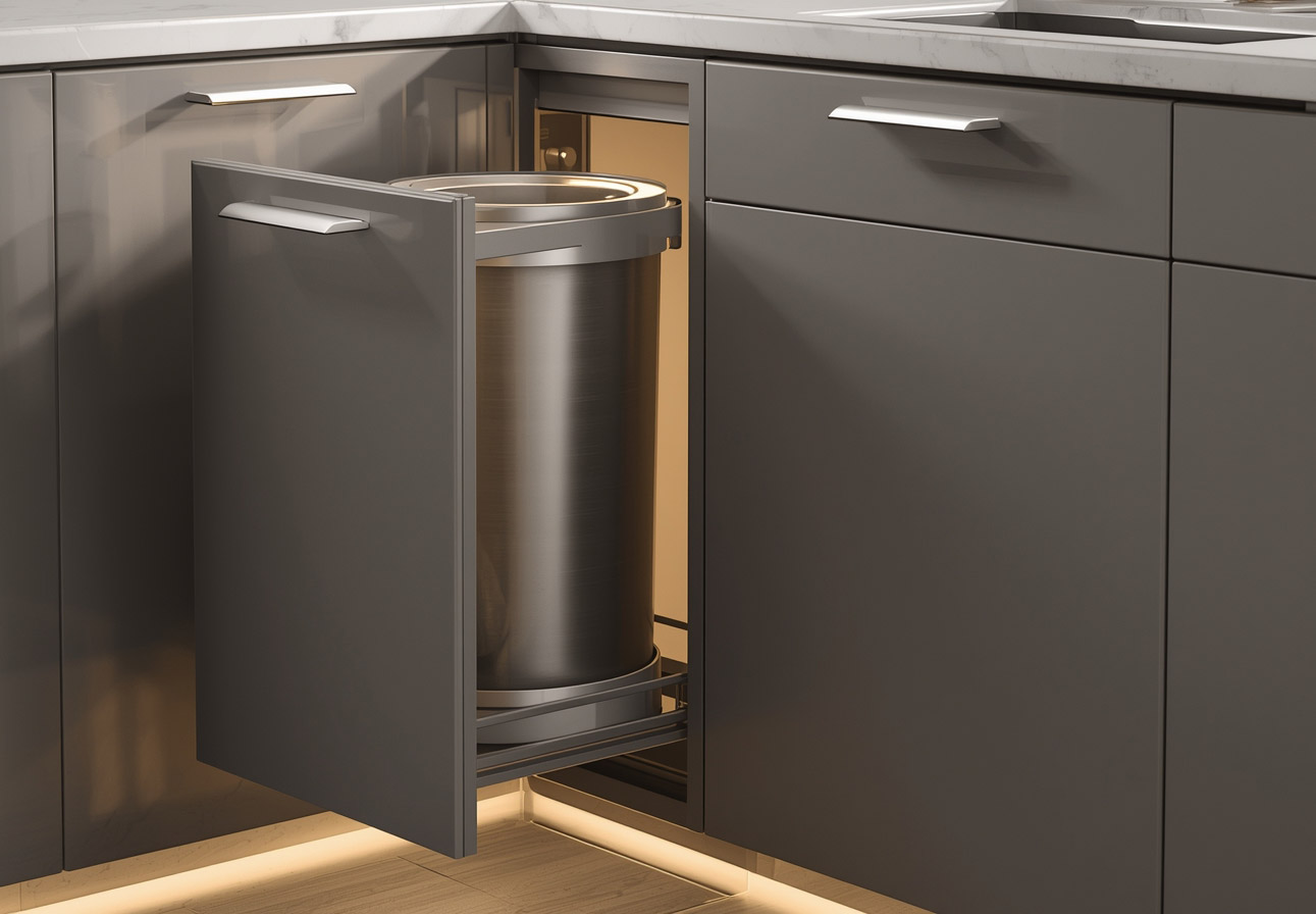 Corner cabinet with pull-out trash can system
