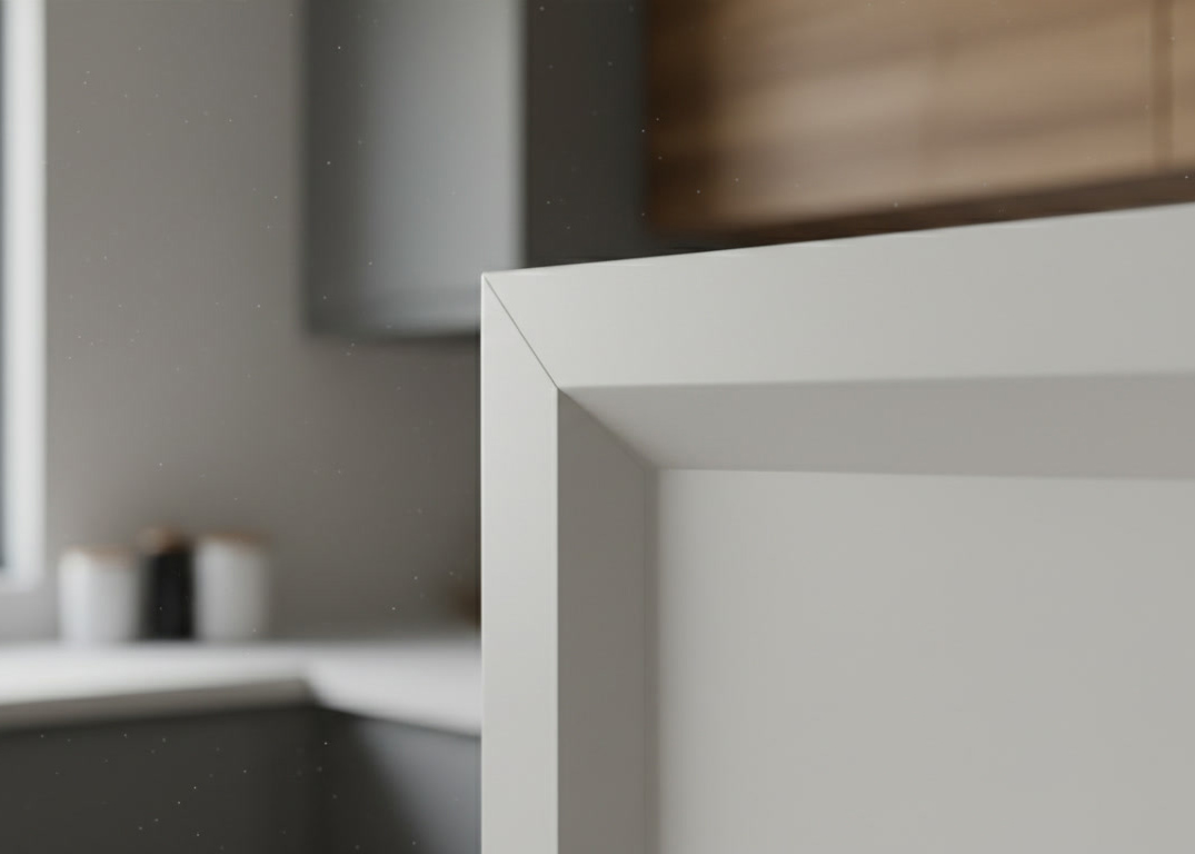 macro shot of a thermofoil kitchen cabinet door corner, showing smooth PVC-wrapped edges