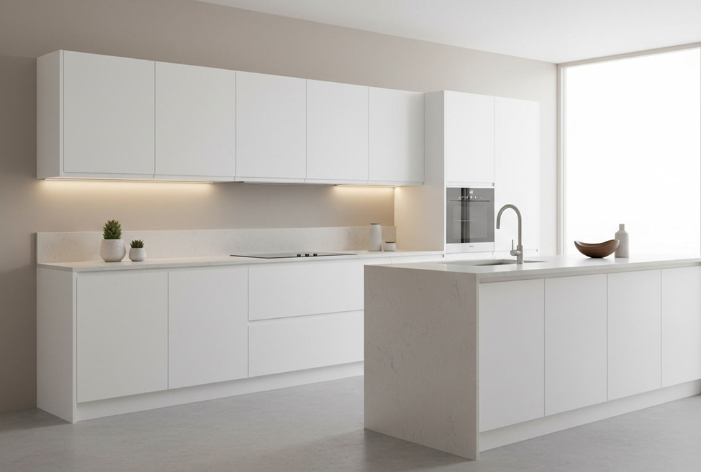 minimalist kitchen featuring white thermofoil kitchen cabinets with seamless doors