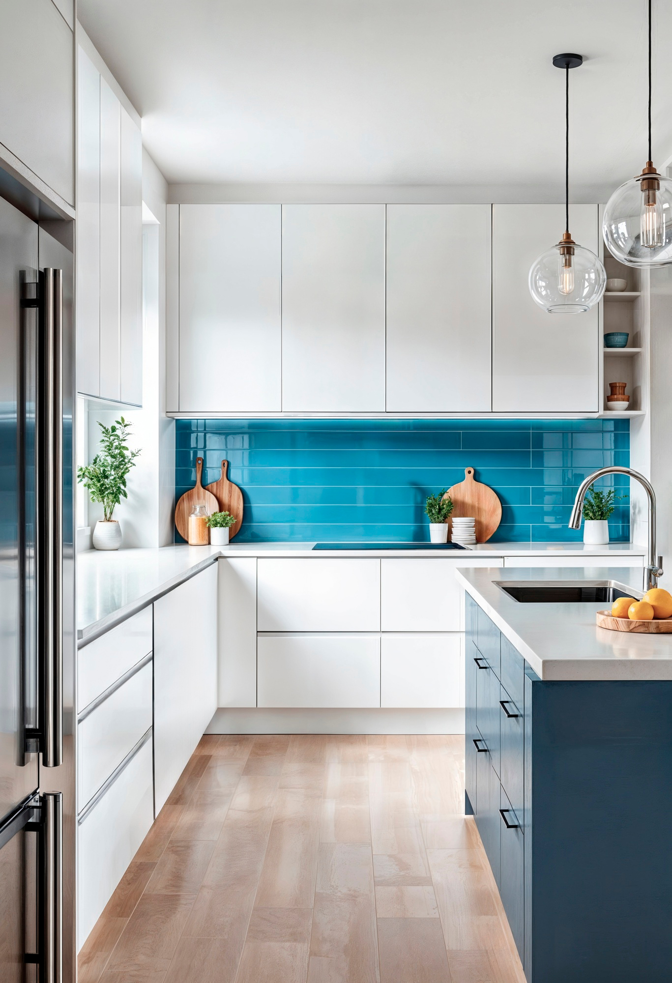 White frameless thermofoil cabinets with smooth edges and blue island
