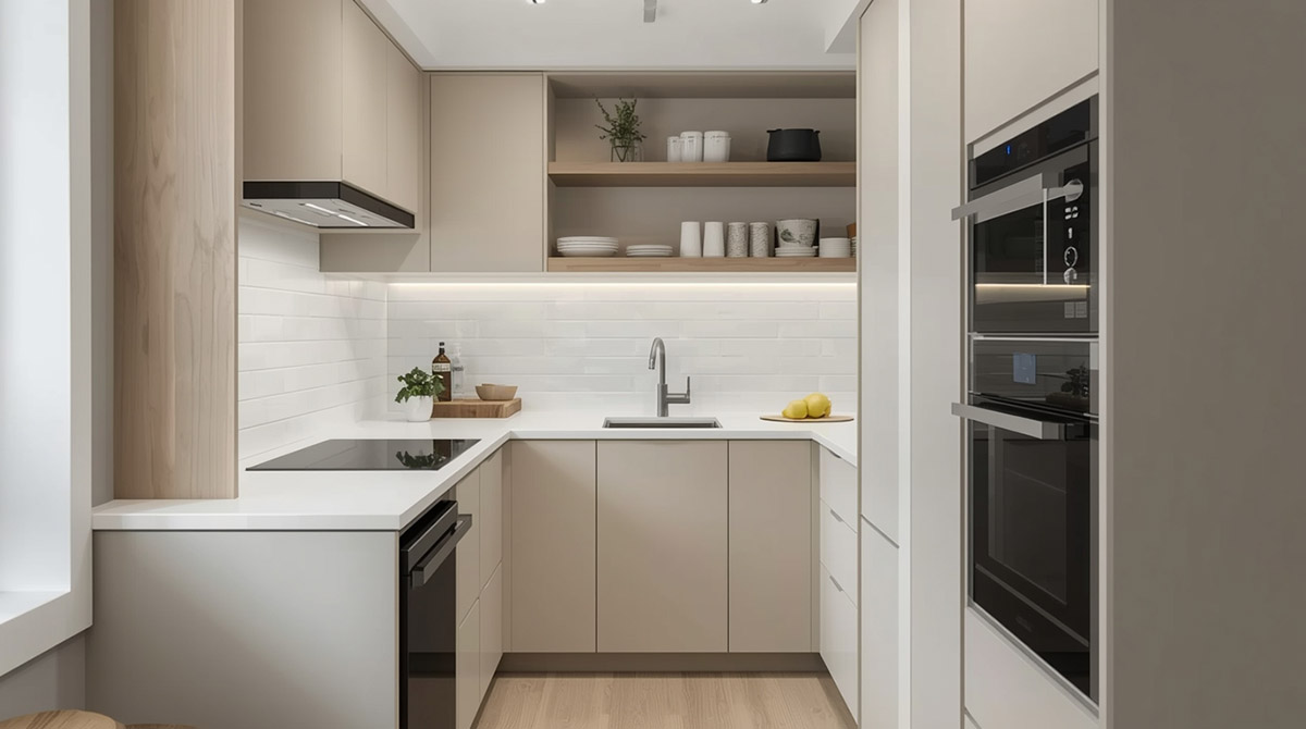 a functional corner-shaped scullery open to a main kitchen