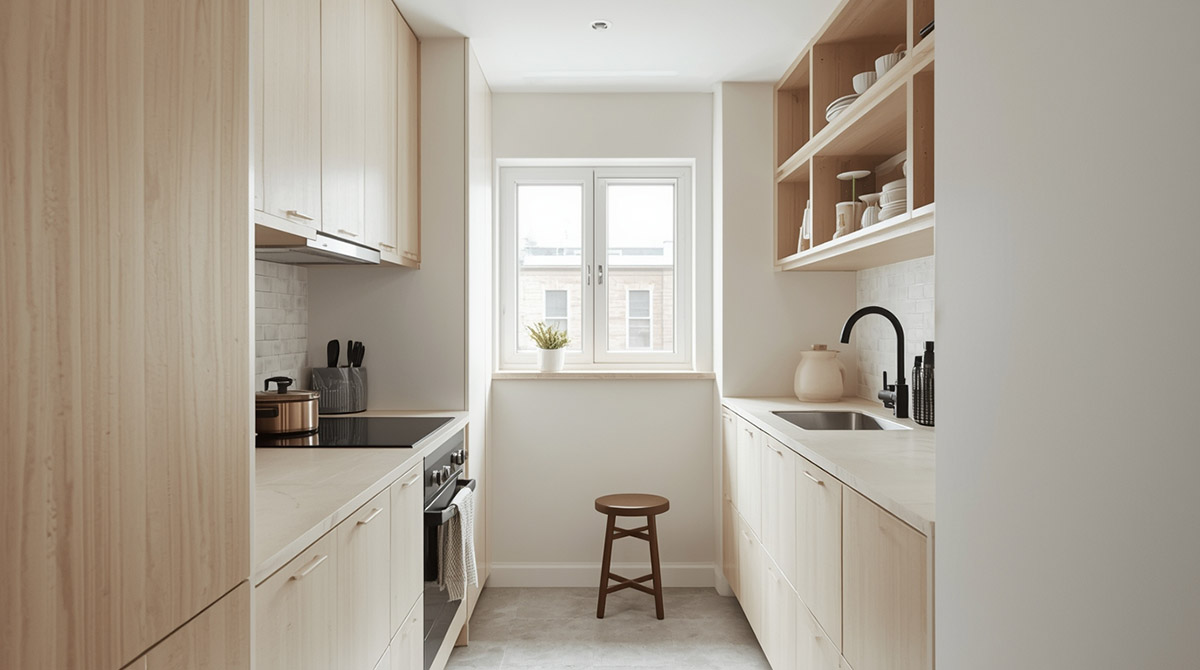 a small back kithcen with light-coloured cabinets and shelving