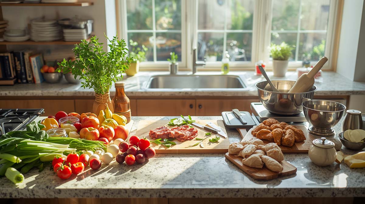 a cooking mess in a galley style prep kitchen