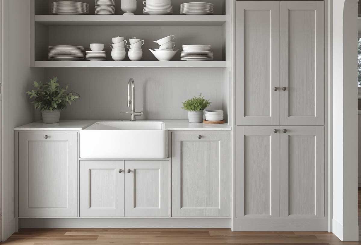 a bulter's pantry-style scullery with cleaning zone and storage