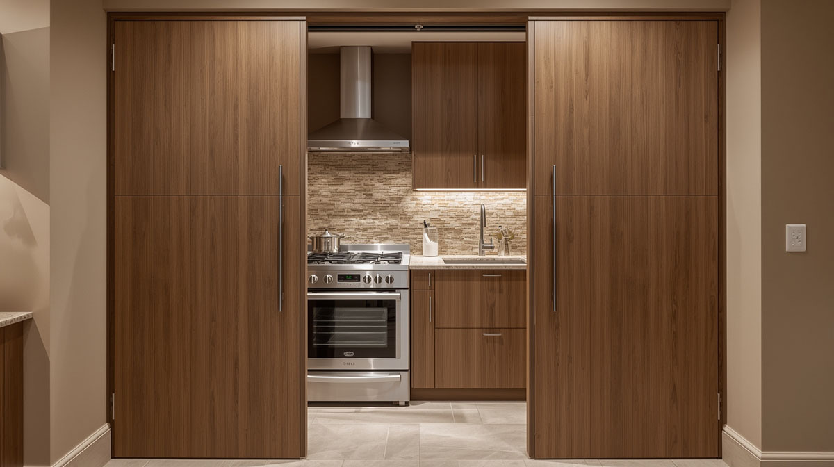 5. a view to a prep kitchen hidden behind doors