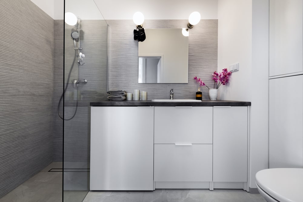 bathroom vanity white with black counter medium height