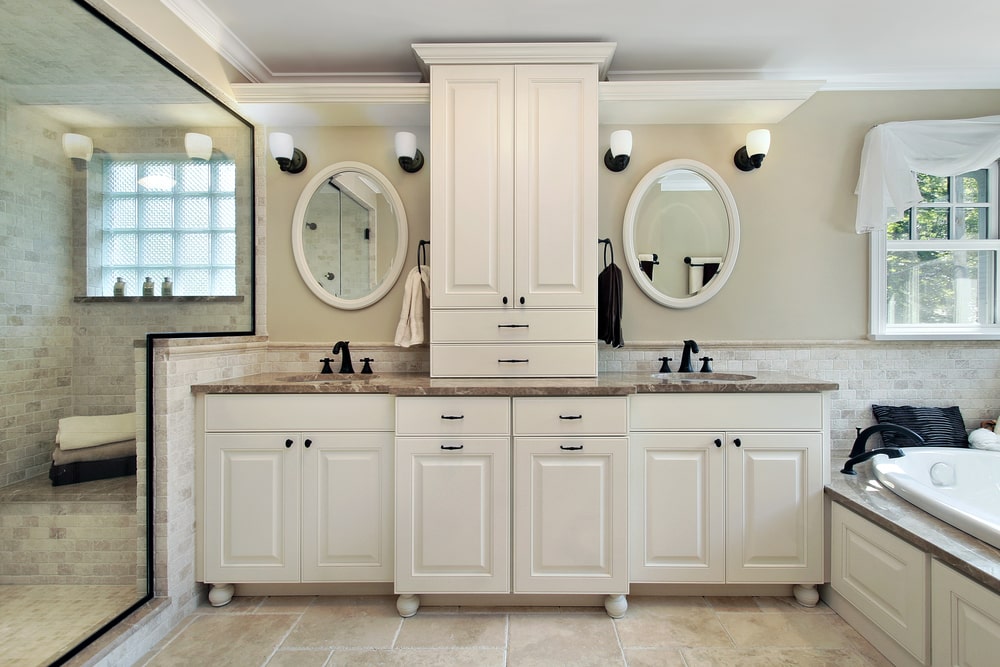 double sink bathroom vanity with tower in white