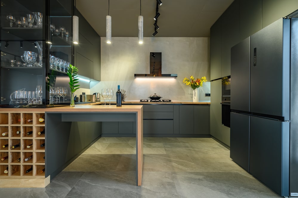 modern kitchen dark matte with bar cabinet and wine rack