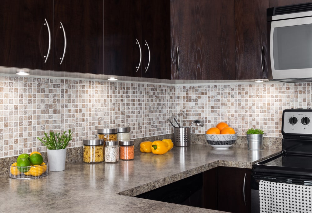 modern kitchen with mosaic backsplash