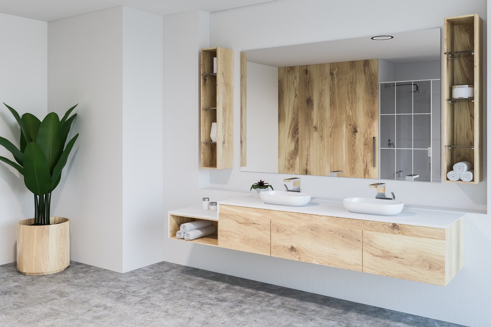 oak bathroom vanity double vessel sink and wall cabinets