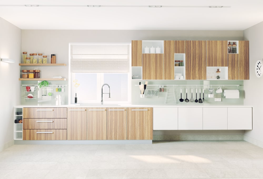 one-wall kitchen with wood and white veneer cabinets