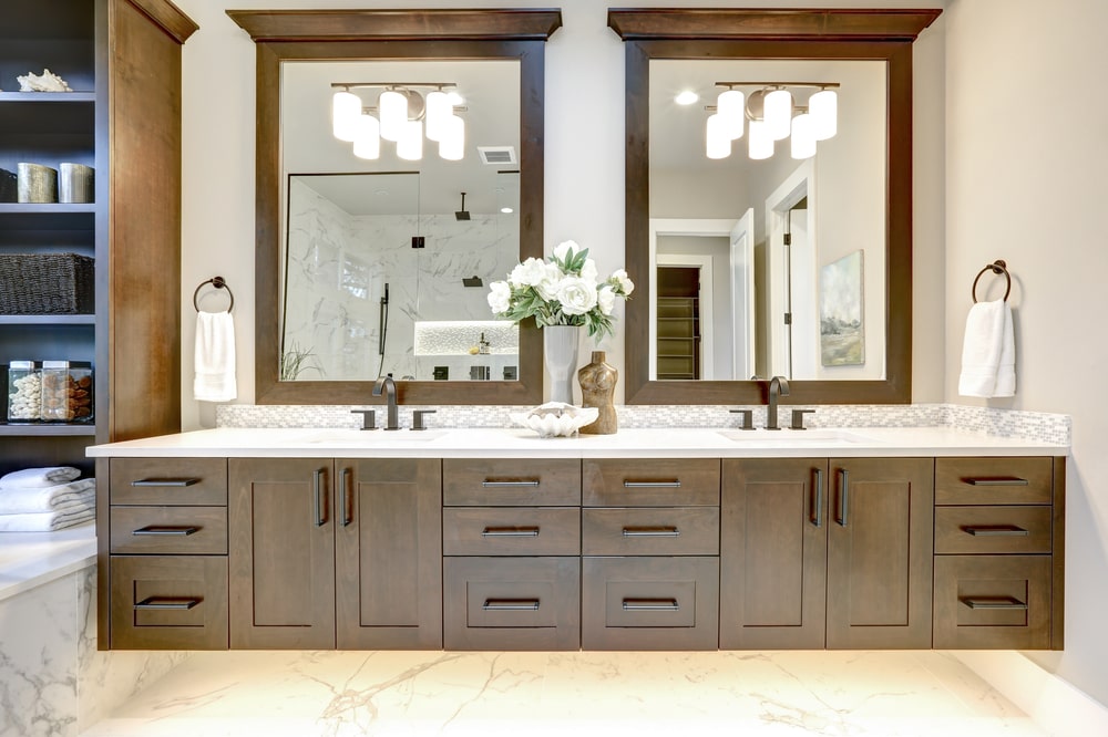 stained wood shaker bathroom vanity double and mirrors
