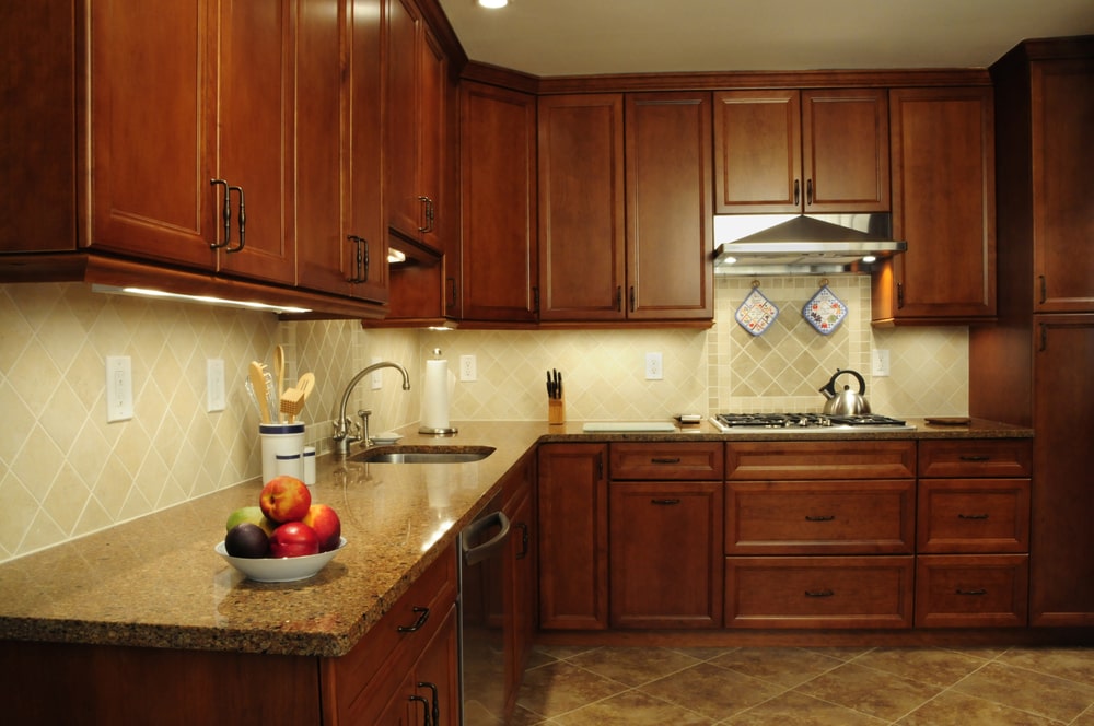 full overlay dark wood kitchen cabinets