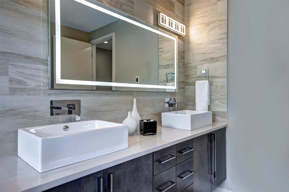 two sinks bathroom vanity with tile backsplash