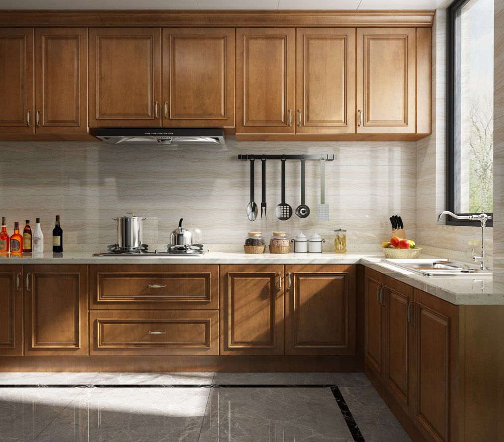 l-shape kitchen with toffee cabinets