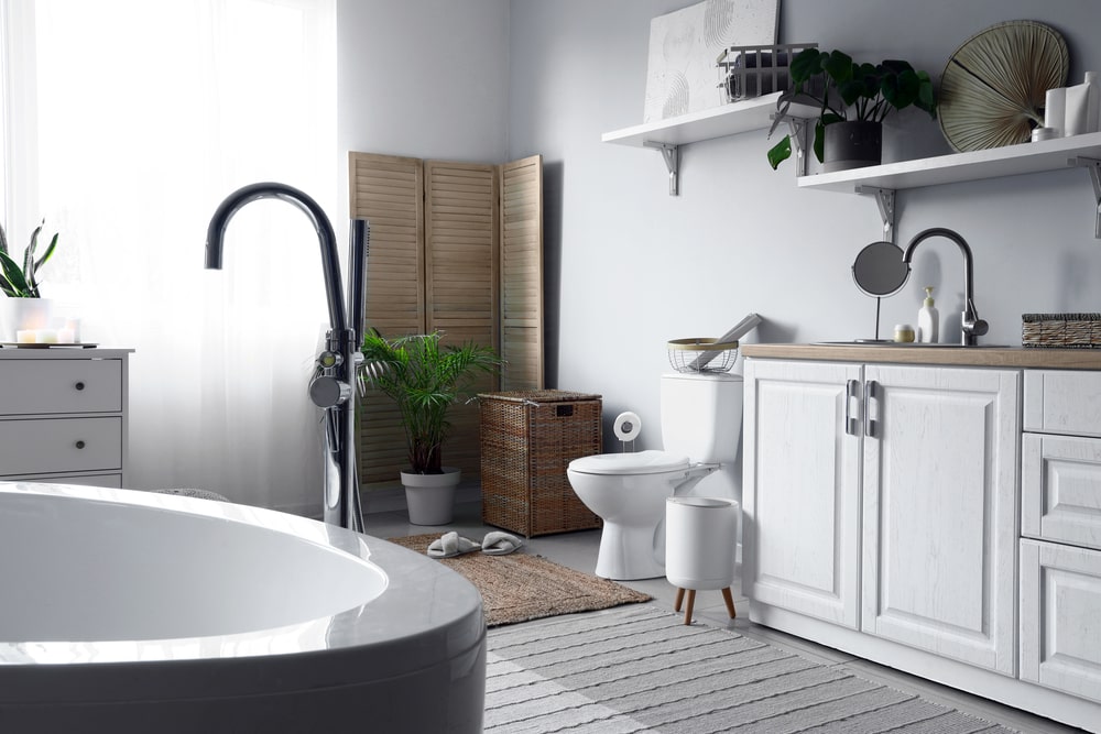 large bathroom white and wood design with a bamboo mat