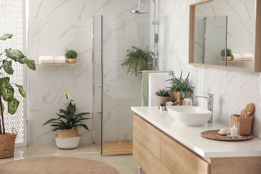 marble and wood for a spa-like feel in the bathroom