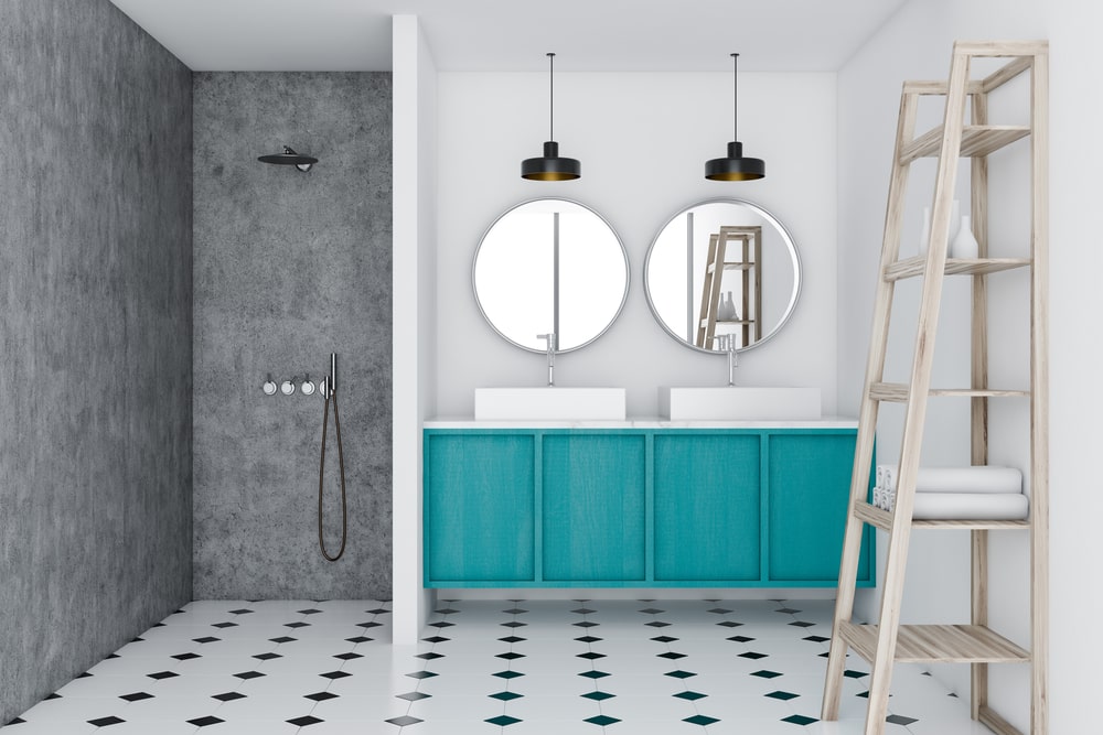 minimalist small bathroom with double sink turquoise vanity
