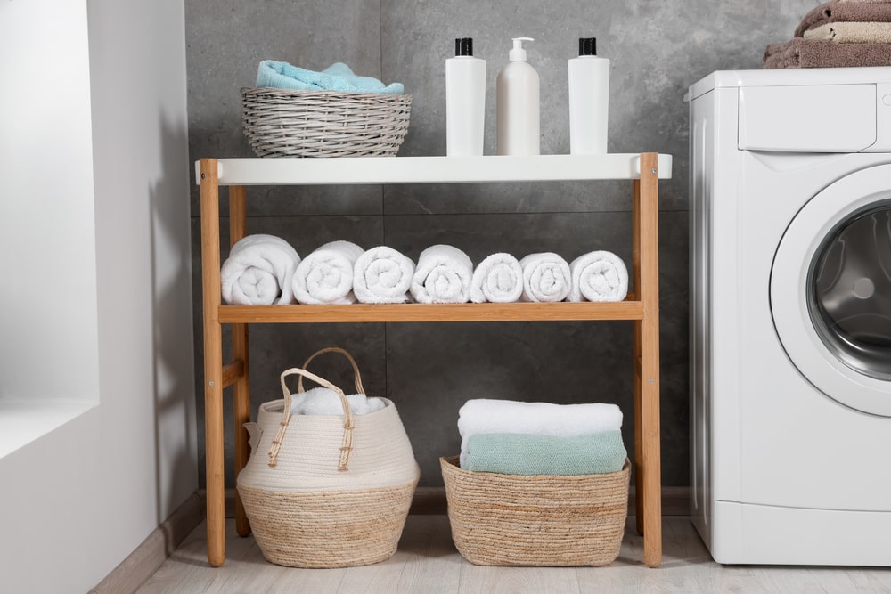 shelves for linen and detergents in the laundry room
