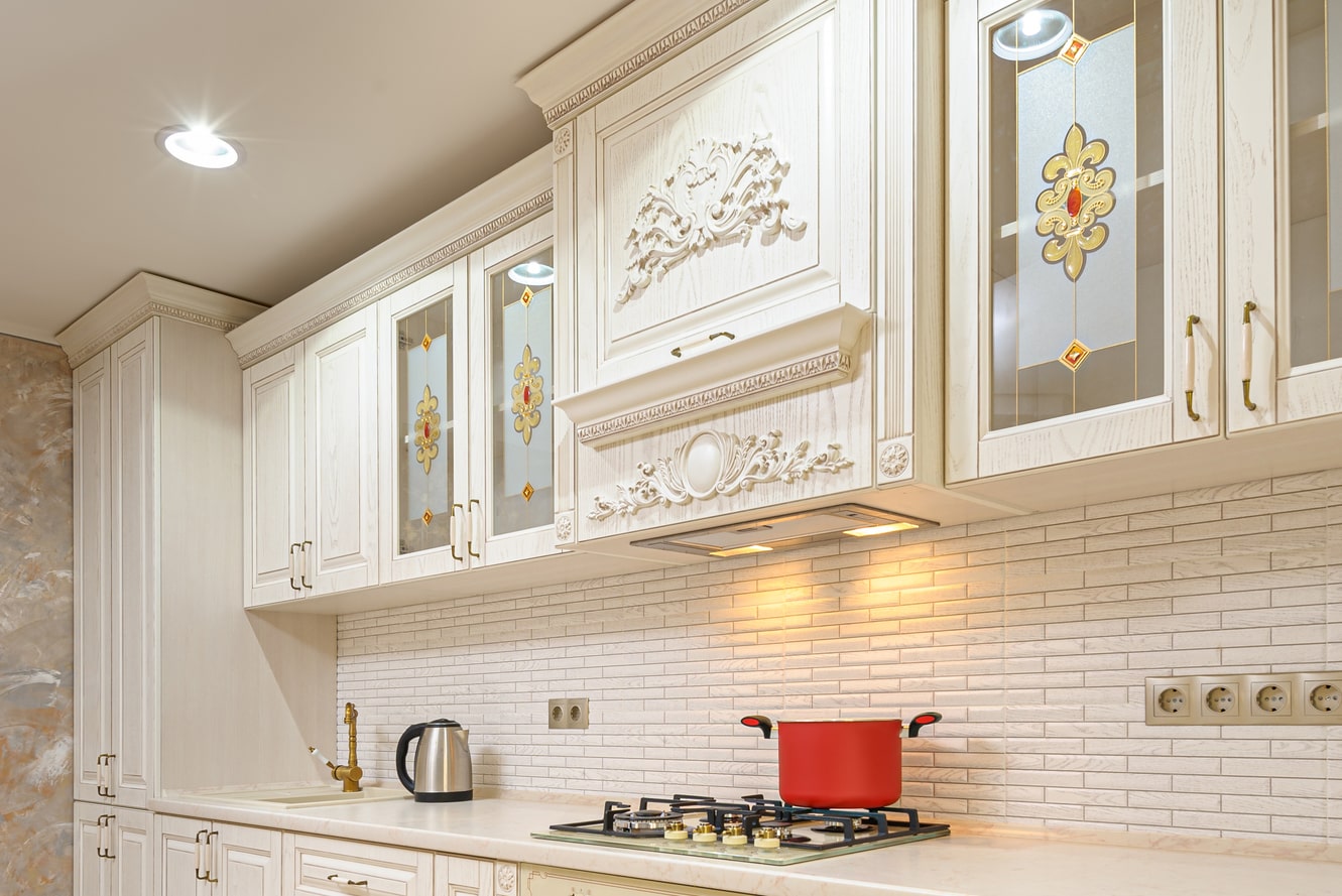 decorative pattern glass for top cabinets in the kitchen