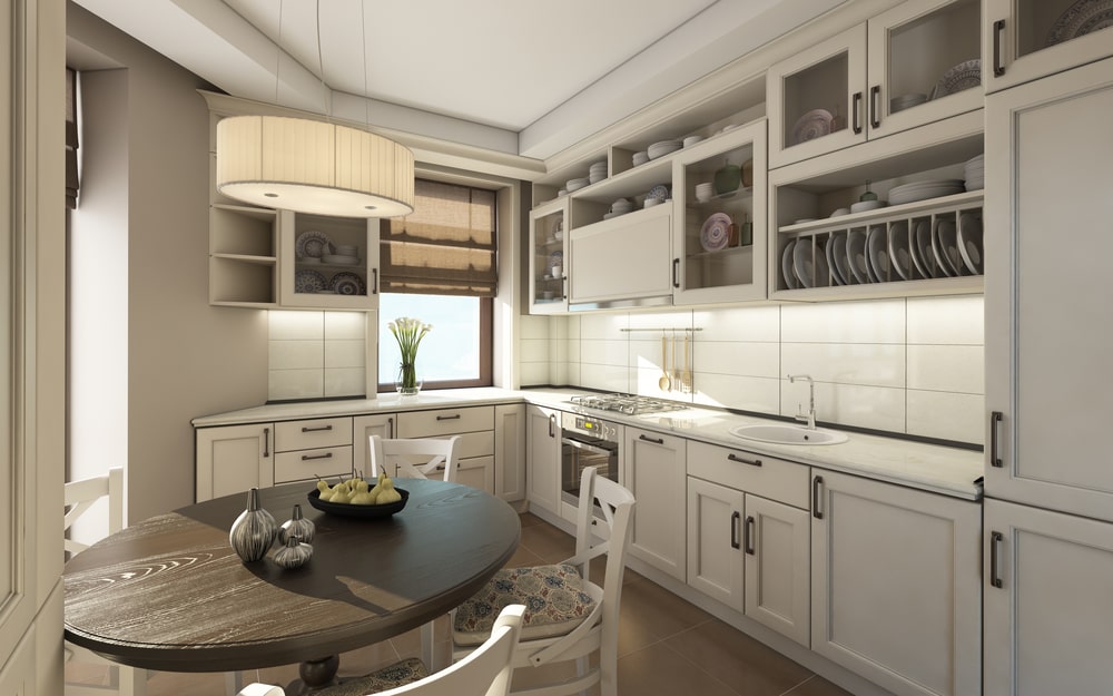 kitchen with recessed cabinet doors and open shelves