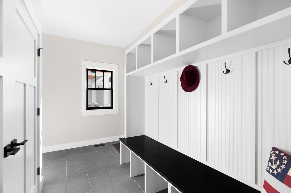 modern entryway closet black and white