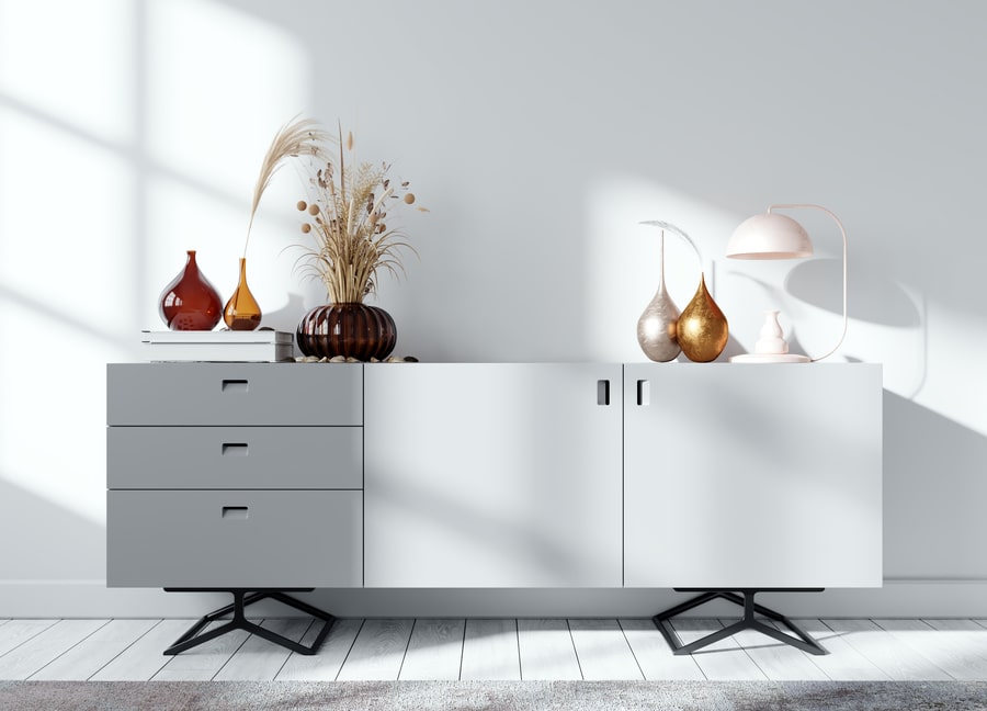 modern light grey sideboard cabinet with decorations