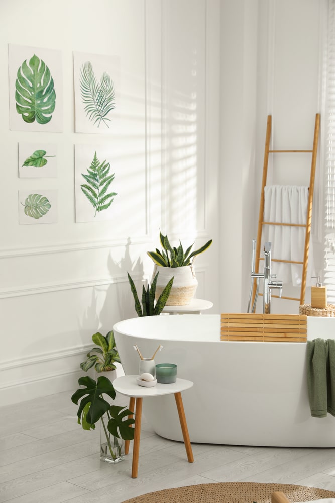 spa-style bathroom with bathtub, ladder shelf and plants