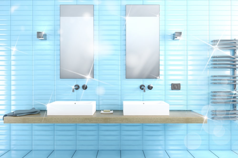 sparkling clean bathroom with mirror and floating vanity