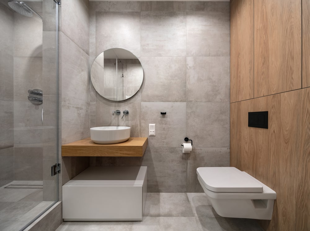 typical concrete and wood combination for contemporary bathroom