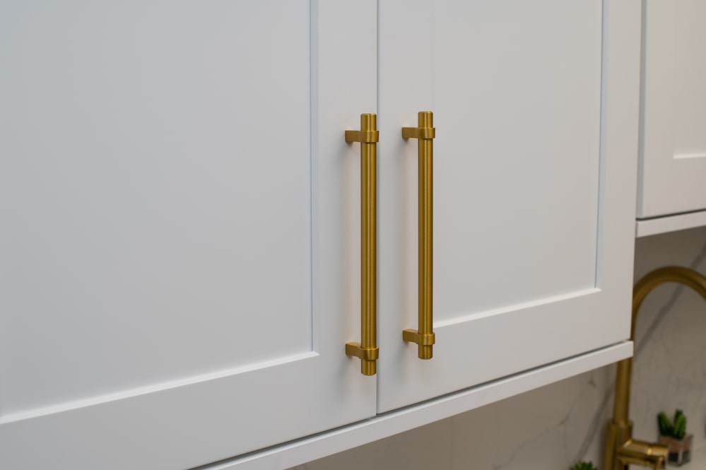 white shaker full overlay cabinet door with golden handle