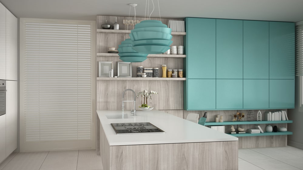 minimalistic turquoise kitchen cabinets with wooden island and shelves