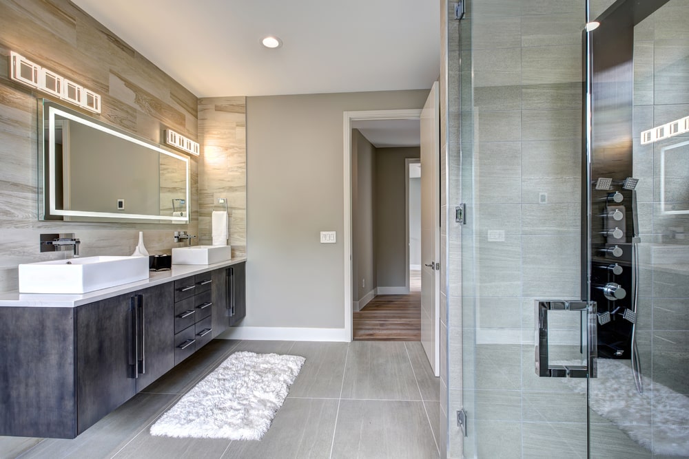 Contemporary style bathroom with vanity and shower room