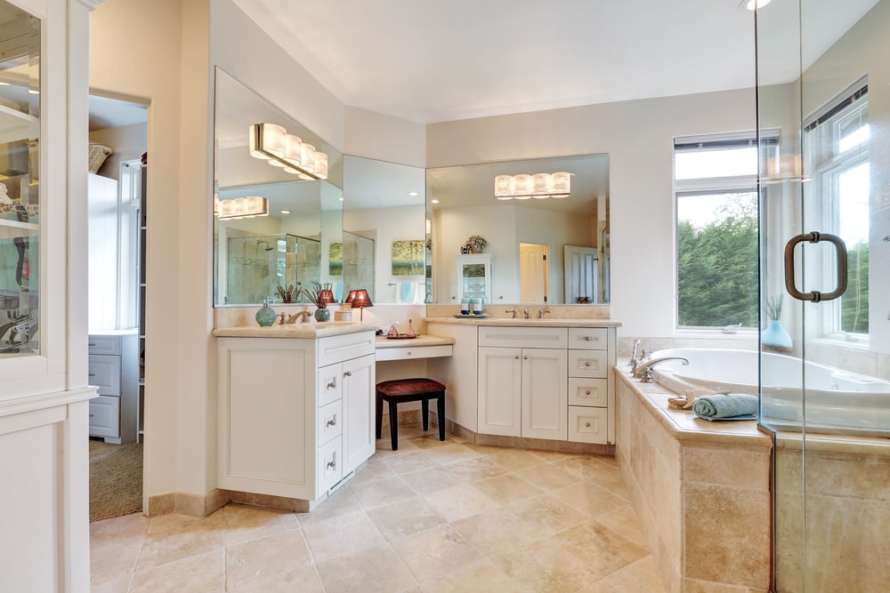 Luxury white bathroom vanity with big mirrors and lighting