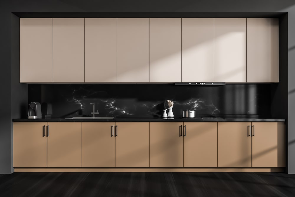 Modular one-wall kitchen with minimalist beige and black design
