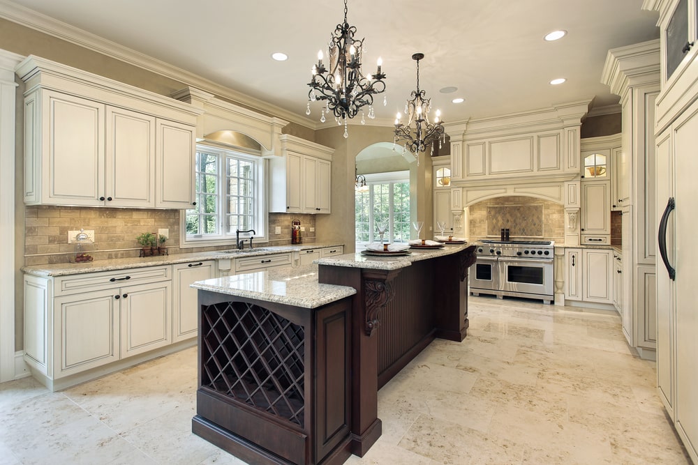 high-end white kitchen cabinets and dark wood island