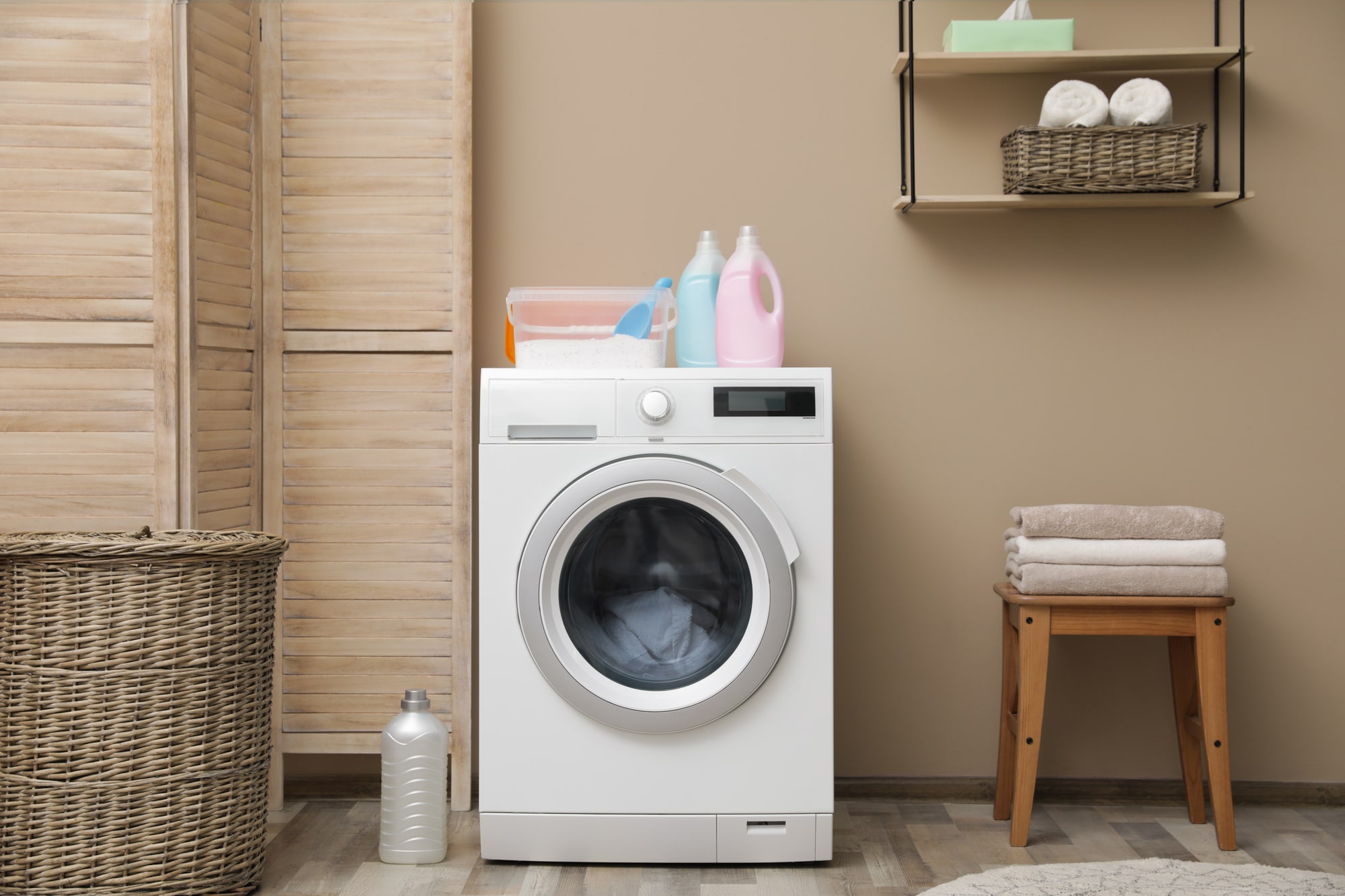 small laundry rooms with open shelving